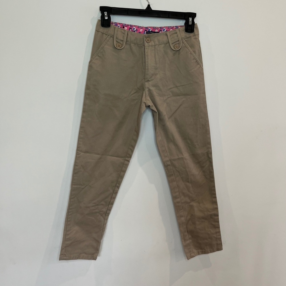US Polo Assn Girls Khaki Chino Tan Straight Leg Floral Waistband Size 10 - B028